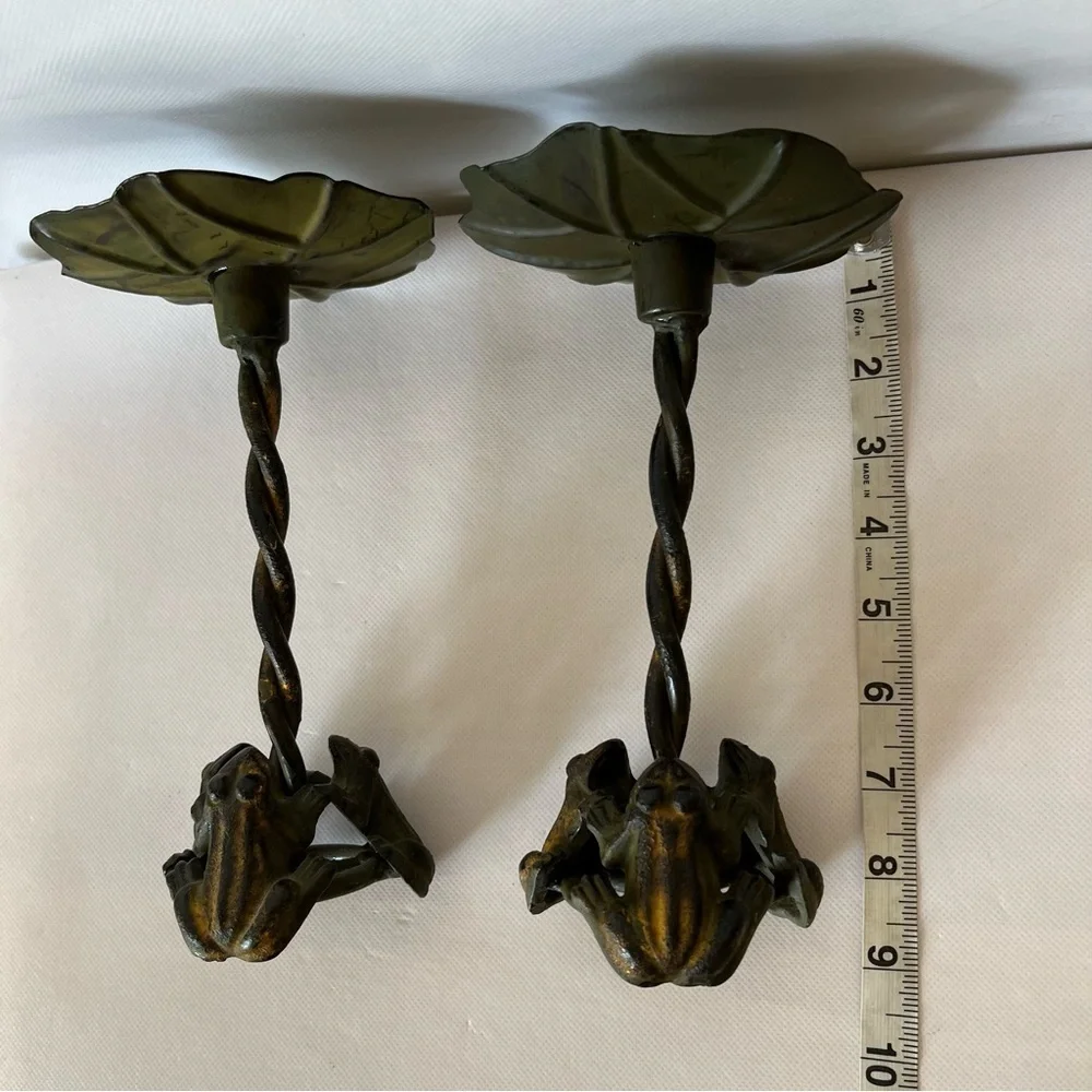 Frog Lilly Pad Metal Candlestick Holders Set of Two
